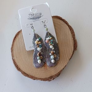 Silver feather earrings with multi color beads